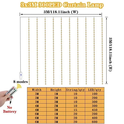 Luz de Cortina LED com Controle Remoto USB – 3m / 6m | 8 Modos de Iluminação | Decorativa para Quarto, Sala, Festas, Casamentos e Natal