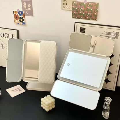 Espelho de Maquilhagem Tri-Fold com Luz LED | 3 Modos de Cor, Ampliação 3X e Base Desmontável