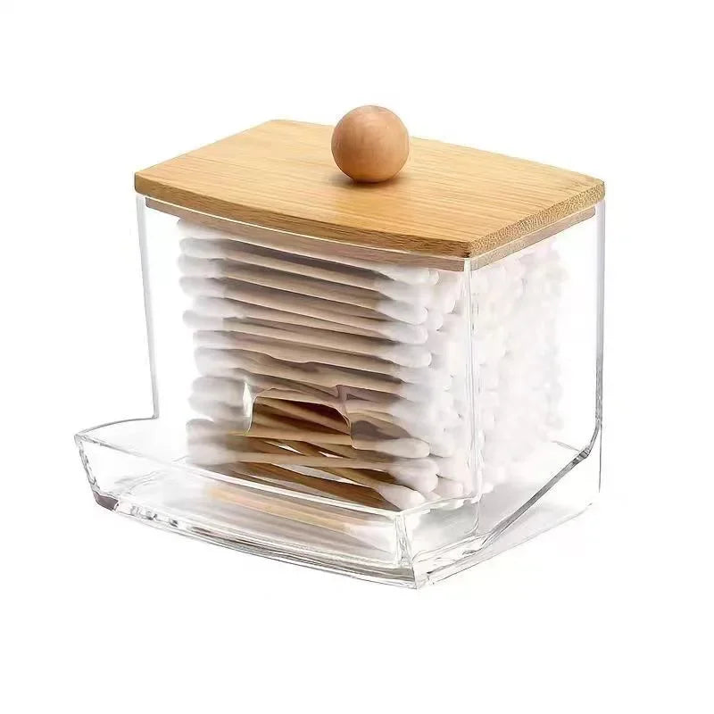 Porta Cotonetes com Tampa de Bambu – Dispensador de Cotonetes | Recipiente Transparente em Plástico com Tampa de Bambu | Organizador para Casa de Banho