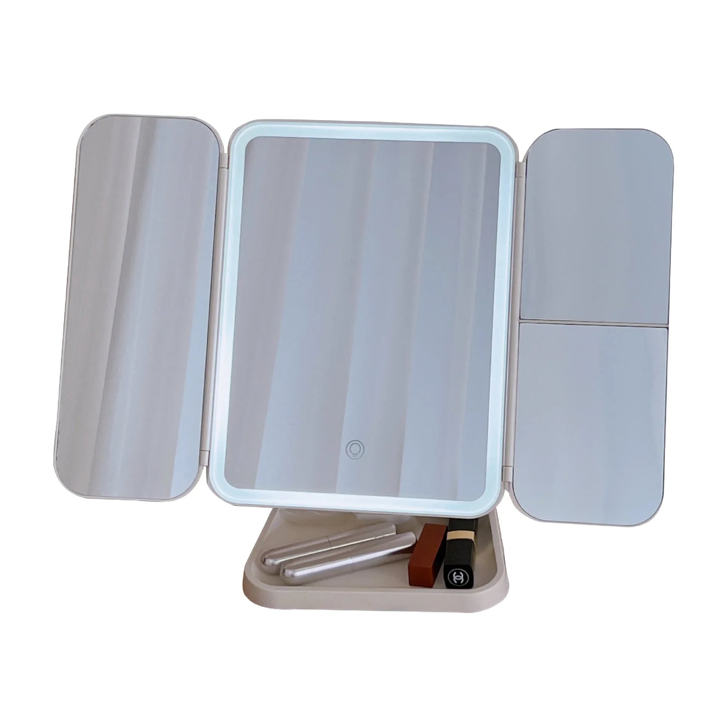 Espelho de Maquilhagem Tri-Fold com Luz LED | 3 Modos de Cor, Ampliação 3X e Base Desmontável