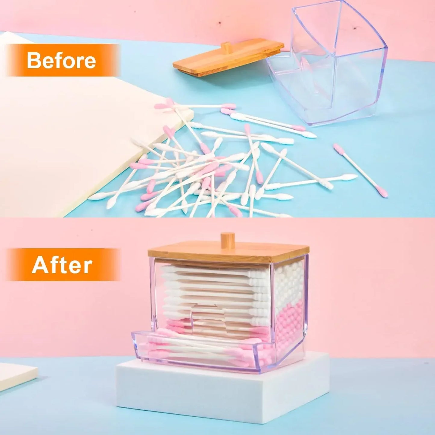 Porta Cotonetes com Tampa de Bambu – Dispensador de Cotonetes | Recipiente Transparente em Plástico com Tampa de Bambu | Organizador para Casa de Banho