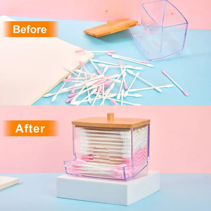 Porta Cotonetes com Tampa de Bambu – Dispensador de Cotonetes | Recipiente Transparente em Plástico com Tampa de Bambu | Organizador para Casa de Banho