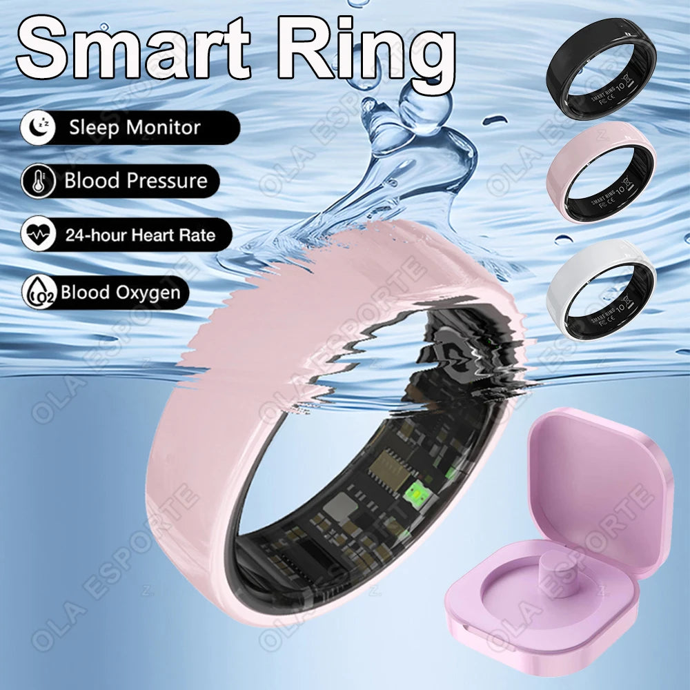 Smart Health & Sleep Ring | Gesture Control, 5ATM, Charging Case — Ola Esporte | White & Pink