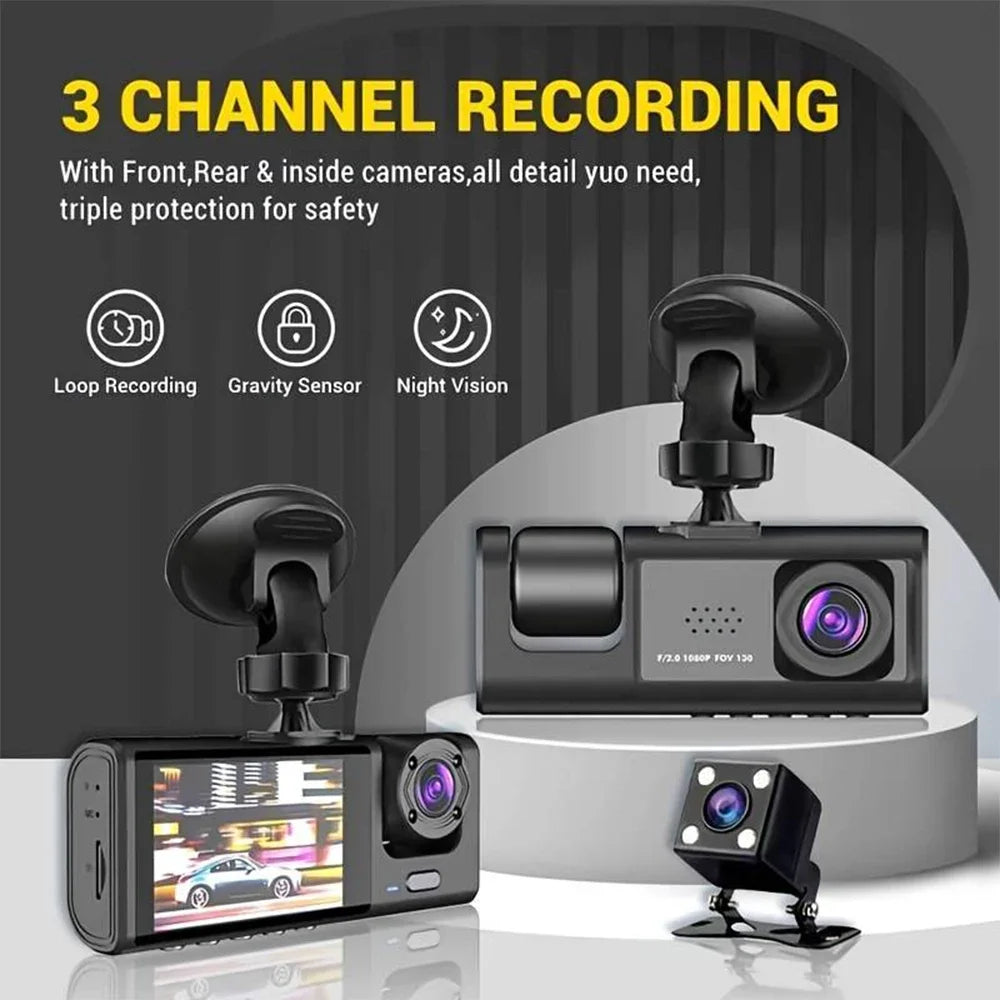 Dash Cam 3 Canais 1080P com Visão Noturna - Câmera DVR Carro com Ecrã IPS e Gravação Loop