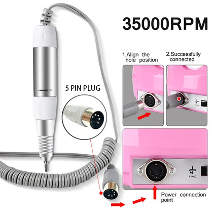 Caneta Elétrica para Manicure e Pedicure 35000rpm | 5 Cabeças de Substituição