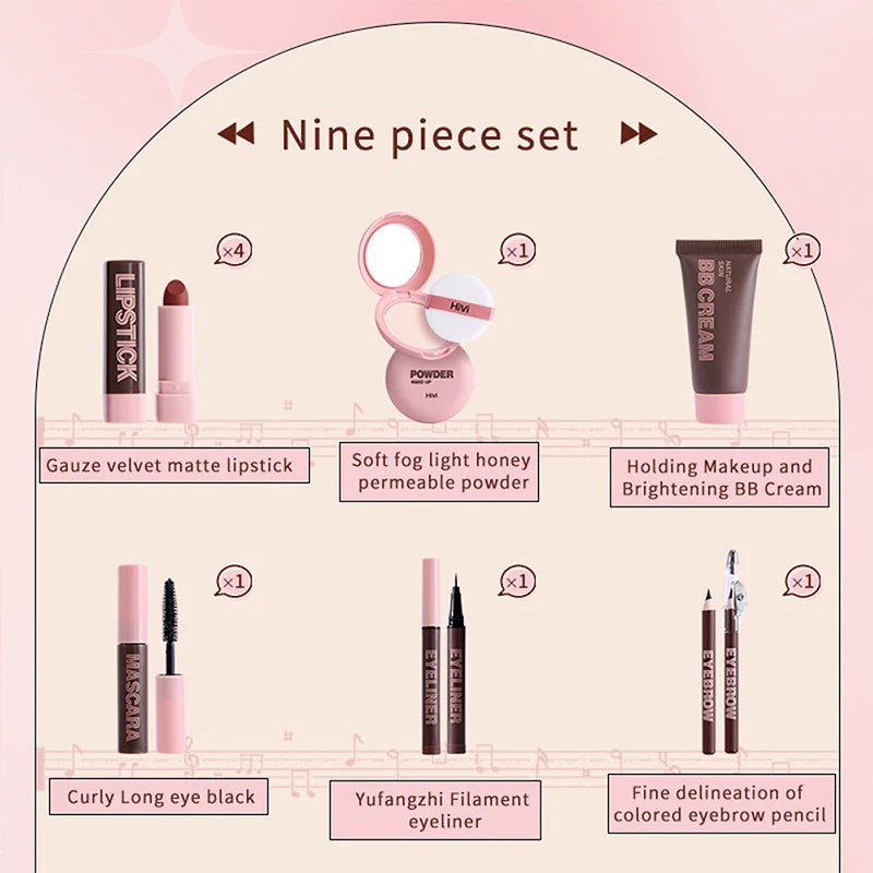 Kit Maquilhagem - 9 Batons Pó Compacto BB Cream Lápis Sobrancelha Máscara Delineador