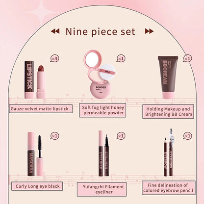 Kit Maquilhagem - 9 Batons Pó Compacto BB Cream Lápis Sobrancelha Máscara Delineador