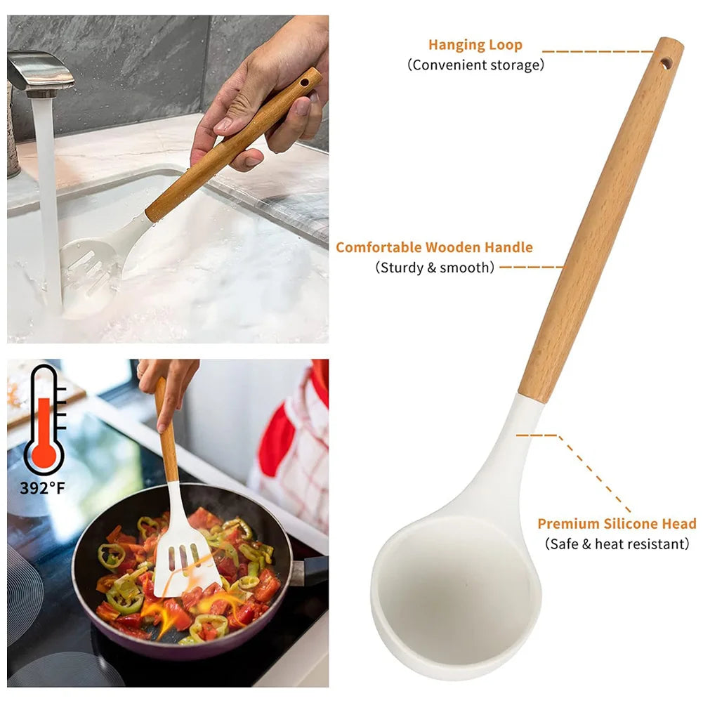 Kit 12 Utensílios Cozinha Cabo Madeira
