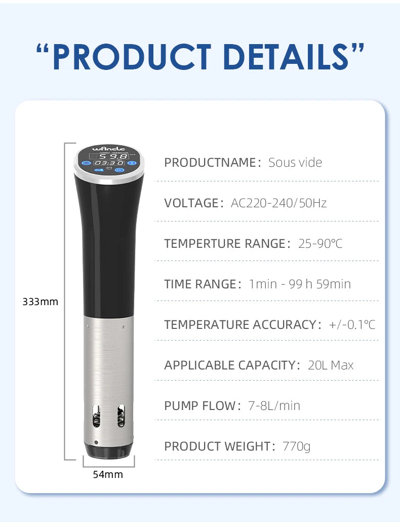 Sous Vide Wancle 1100W LCD - Circulador Imersão Cozinha Precisão IPX7 Impermeável Display Digital