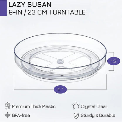 9-inch clear plastic Lazy Susan turntable with 1.5-inch height, BPA-free and durable