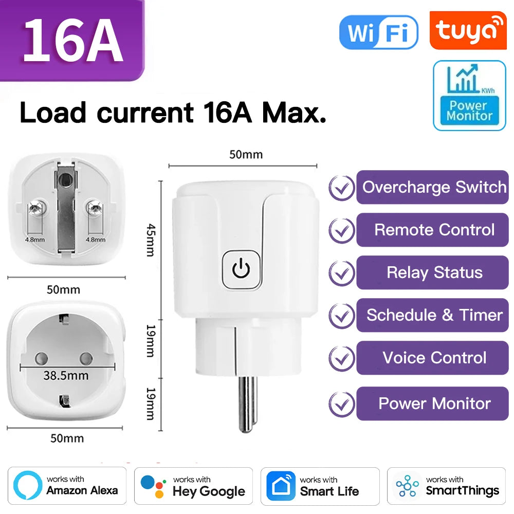 Tomada Inteligente TNCE Tuya WiFi / Zigbee 3.0 – Padrão EU 16A / 20A | Monitoramento de Energia, Temporizador, Controle por Voz | Compatível com Alexa