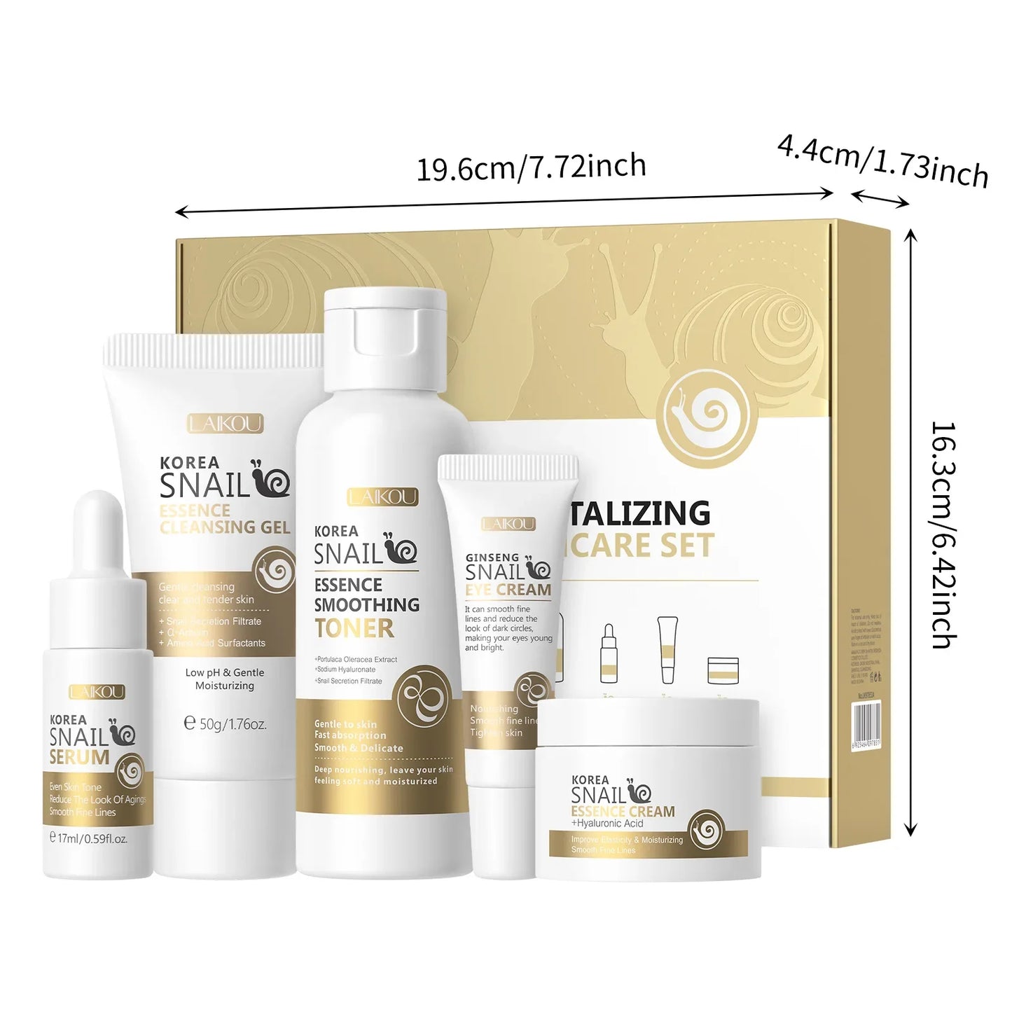 Kit LAIKOU Caracol 5 Peças - Gel Limpeza Tónico Sérum Creme Olhos Elasticidade Facial