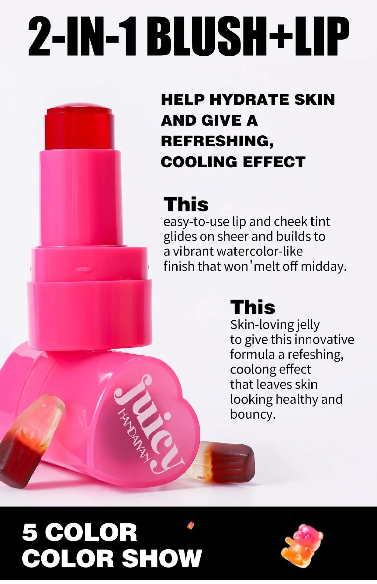 Blush Stick 2 em 1 Handaiyan | Tint Jelly para Lábios e Maçãs do Rosto