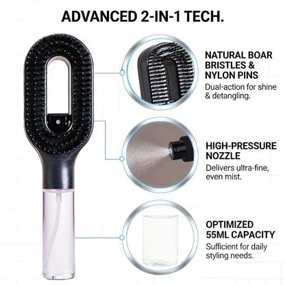 Pente Spray 2-em-1 com Massagem de Couro Cabeludo | Cabelo Húmido e Seco, Antiestático