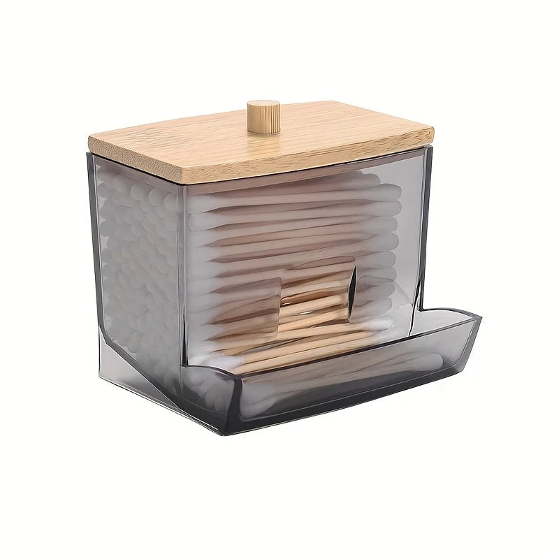 Porta Cotonetes Acrílico com Tampa de Bambu - Organizador Dispensador Transparente Casa de Banho