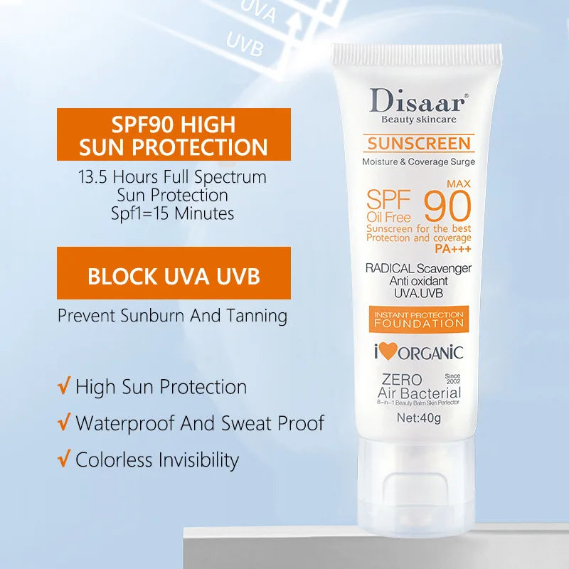 Creme Solar Facial SPF90+ & SPF50+ DISAAR | Hidratante, Resistente à Água e Proteção UV Total