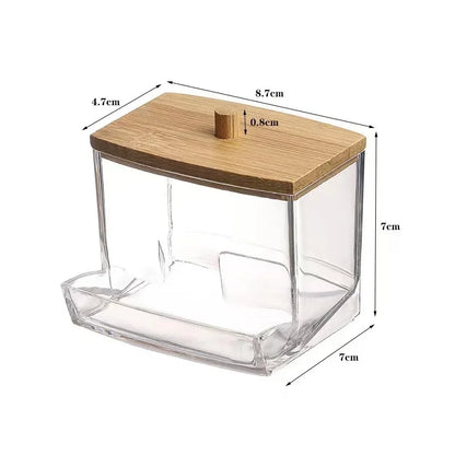 Porta Cotonetes com Tampa de Bambu – Dispensador de Cotonetes | Recipiente Transparente em Plástico com Tampa de Bambu | Organizador para Casa de Banho