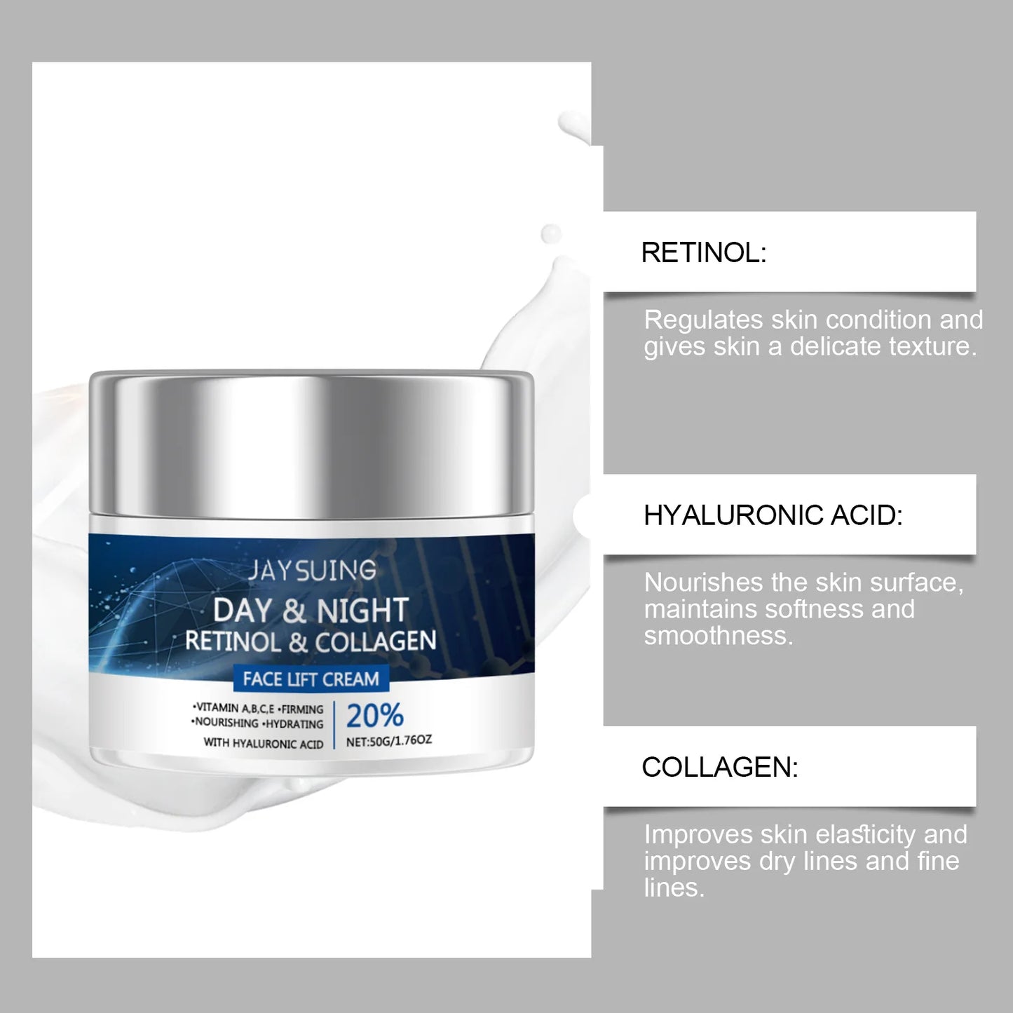 Creme Retinol JAYSUING – Elasticidade Brilho Pele Nutre Hidrata Melhora Textura Cosmético Anti-Idade 50g
