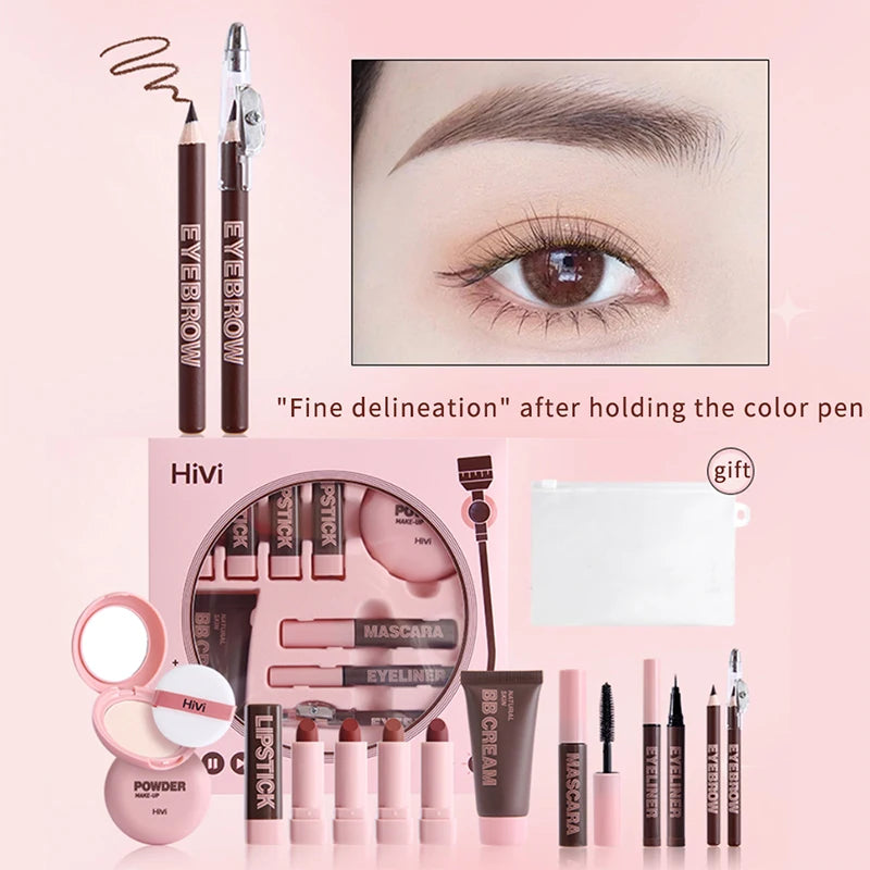 Kit Maquilhagem - 9 Batons Pó Compacto BB Cream Lápis Sobrancelha Máscara Delineador