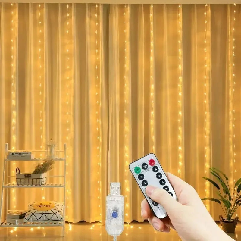 Luz de Cortina LED com Controle Remoto USB – 3m / 6m | 8 Modos de Iluminação | Decorativa para Quarto, Sala, Festas, Casamentos e Natal