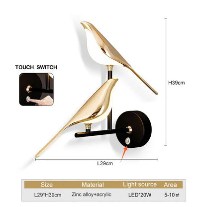 Arandela LED Pássaro Magpie Giratória 360° Dourada - Luminária Parede Nórdica para Quarto e Sala