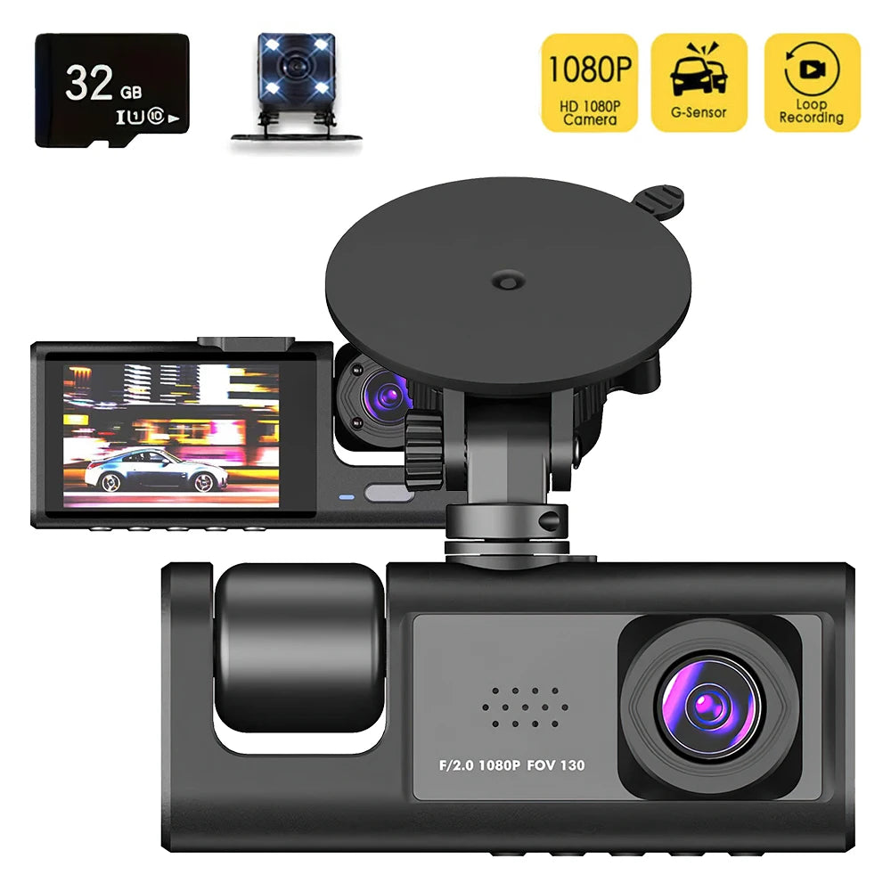 Dash Cam 3 Canais 1080P com Visão Noturna - Câmera DVR Carro com Ecrã IPS e Gravação Loop