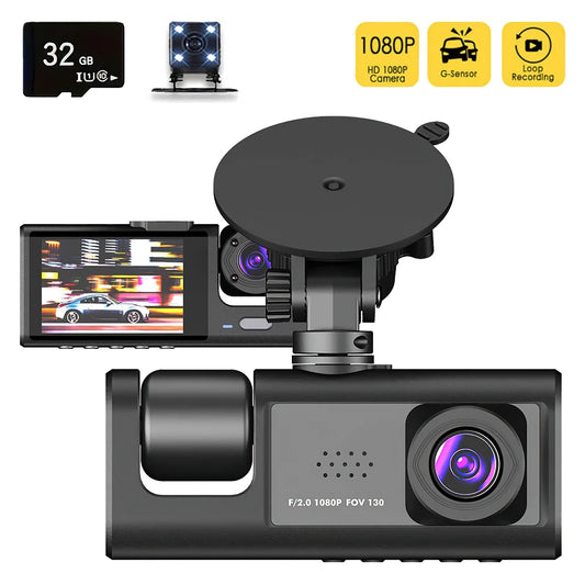 Dash Cam 3 Canais 1080P com Visão Noturna - Câmera DVR Carro com Ecrã IPS e Gravação Loop