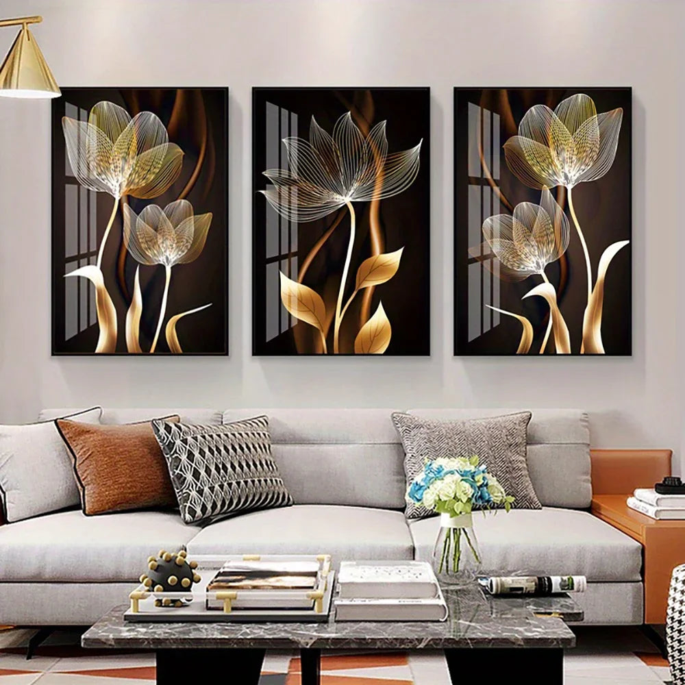 Quadro em Tela Flores Preto e Dourado – Arte Moderna Abstrata para Sala de Estar | Decoração de Casa