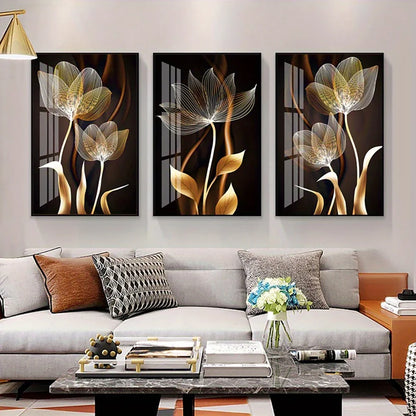 Quadro em Tela Flores Preto e Dourado – Arte Moderna Abstrata para Sala de Estar | Decoração de Casa
