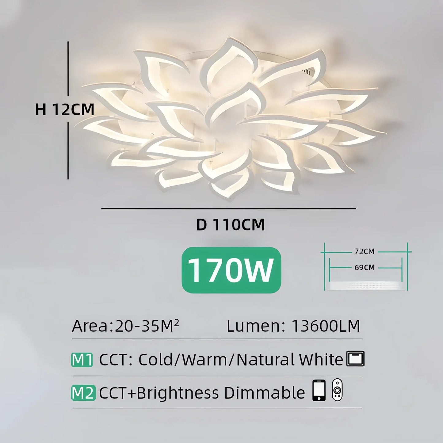 Lustâ de Teto LED Lótus IRALAN | Nórdico Regulável com Controlo Remoto | 5 a 18 Lâmpadas