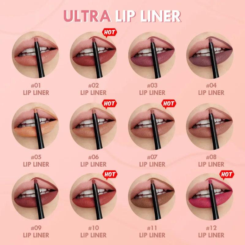 Lápis Delineador Labial Impermeável Mate 12 Cores - Contorno Vermelho Longa Duração Hidratante