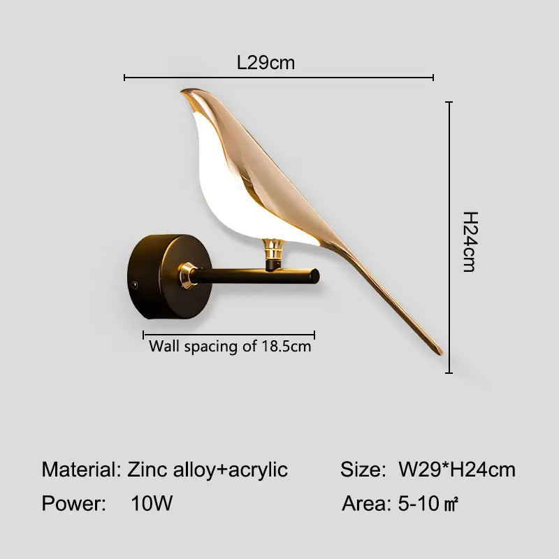 Arandela LED Pássaro Magpie Giratória 360° Dourada - Luminária Parede Nórdica para Quarto e Sala
