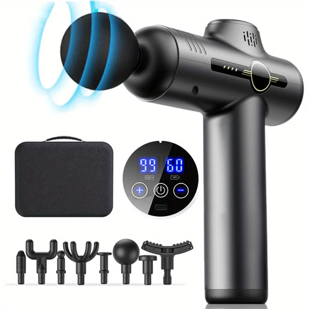 Pistola de Massagem Muscular Profissional 99 Velocidades — Chip IA, Ecrã LCD, 4 Cabeças Intercambiáveis