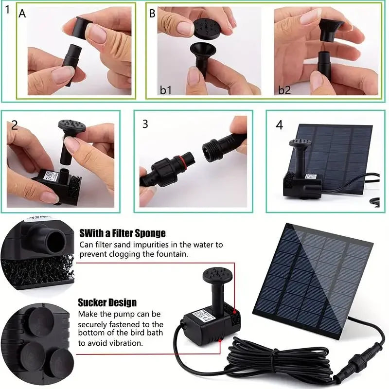 Bomba Fonte Solar 1.4W com 6 Bicos | Para Jardim, Lago e Piscina