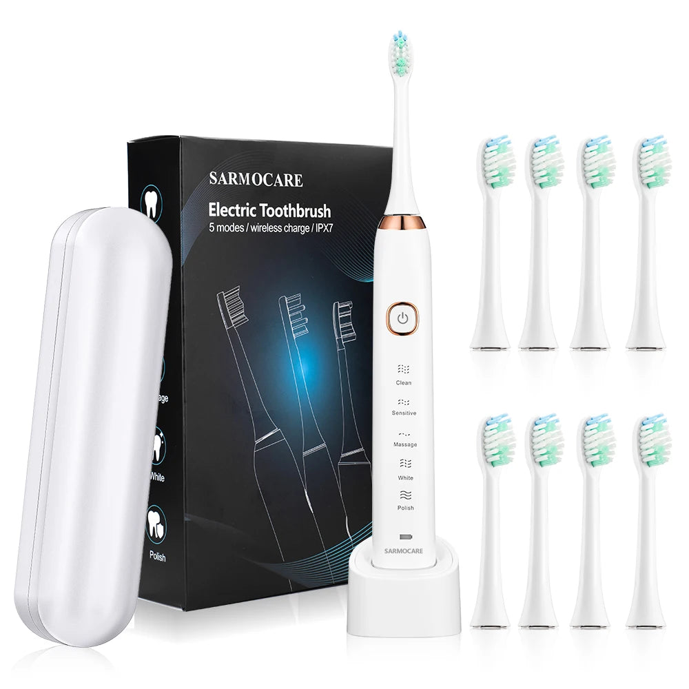 Escova Dentes Elétrica Sónica com 6 Cabeças - Timer Inteligente e Branqueamento Dental
