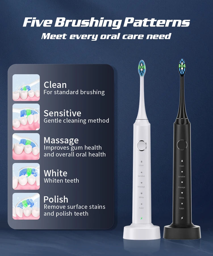 Escova Dentes Elétrica Sónica com 6 Cabeças - Timer Inteligente e Branqueamento Dental