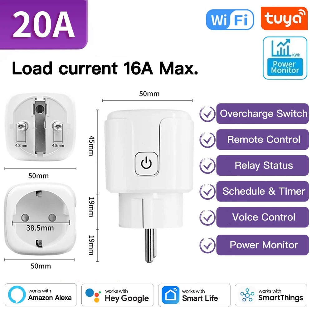 Tomada Inteligente TNCE Tuya WiFi / Zigbee 3.0 – Padrão EU 16A / 20A | Monitoramento de Energia, Temporizador, Controle por Voz | Compatível com Alexa