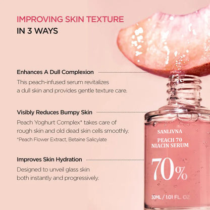 Sérum Pêssego 70% Niacinamida 30ml – Hidratante Facial Extratos Naturais Vegan Uniformiza Tom Limpeza Diária