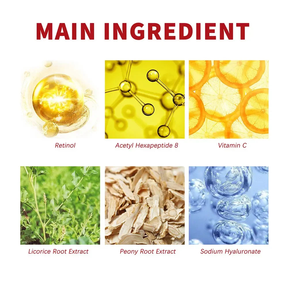 Main skincare ingredients: Retinol, Acetyl Hexapeptide 8, Vitamin C, Licorice Root Extract, Peony Root Extract, Sodium Hyaluronate