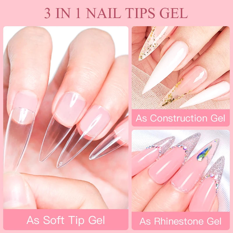 Gel 3-em-1 para Tips Transparente UV/LED - Extensão Unhas com Adesão Forte