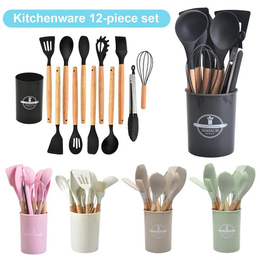 Kit 12 Utensílios Cozinha Cabo Madeira