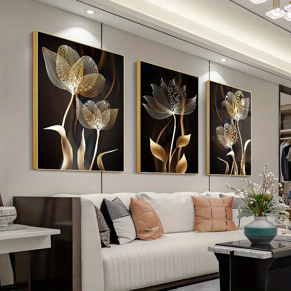 Quadro em Tela Flores Preto e Dourado – Arte Moderna Abstrata para Sala de Estar | Decoração de Casa