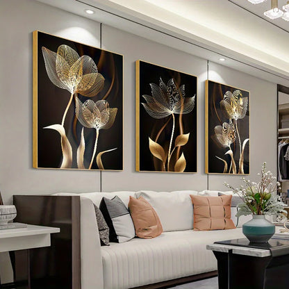 Quadro em Tela Flores Preto e Dourado – Arte Moderna Abstrata para Sala de Estar | Decoração de Casa