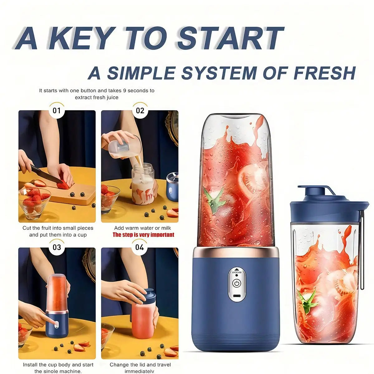 Liquidificador Portátil Potente com Copo - Smoothies Frutas Vegetais Cozinha Ginásio