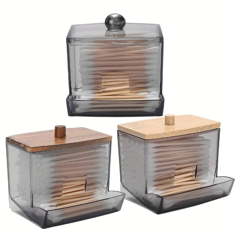 Porta Cotonetes Acrílico com Tampa de Bambu - Organizador Dispensador Transparente Casa de Banho