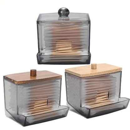 Porta Cotonetes Acrílico com Tampa de Bambu - Organizador Dispensador Transparente Casa de Banho