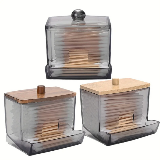 Porta Cotonetes Acrílico com Tampa de Bambu - Organizador Dispensador Transparente Casa de Banho