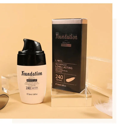 240 natural shade waterproof long lasting foundation makeup with bottle and black box on beige background
