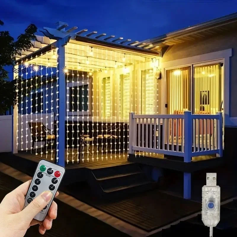 Luz de Cortina LED com Controle Remoto USB – 3m / 6m | 8 Modos de Iluminação | Decorativa para Quarto, Sala, Festas, Casamentos e Natal