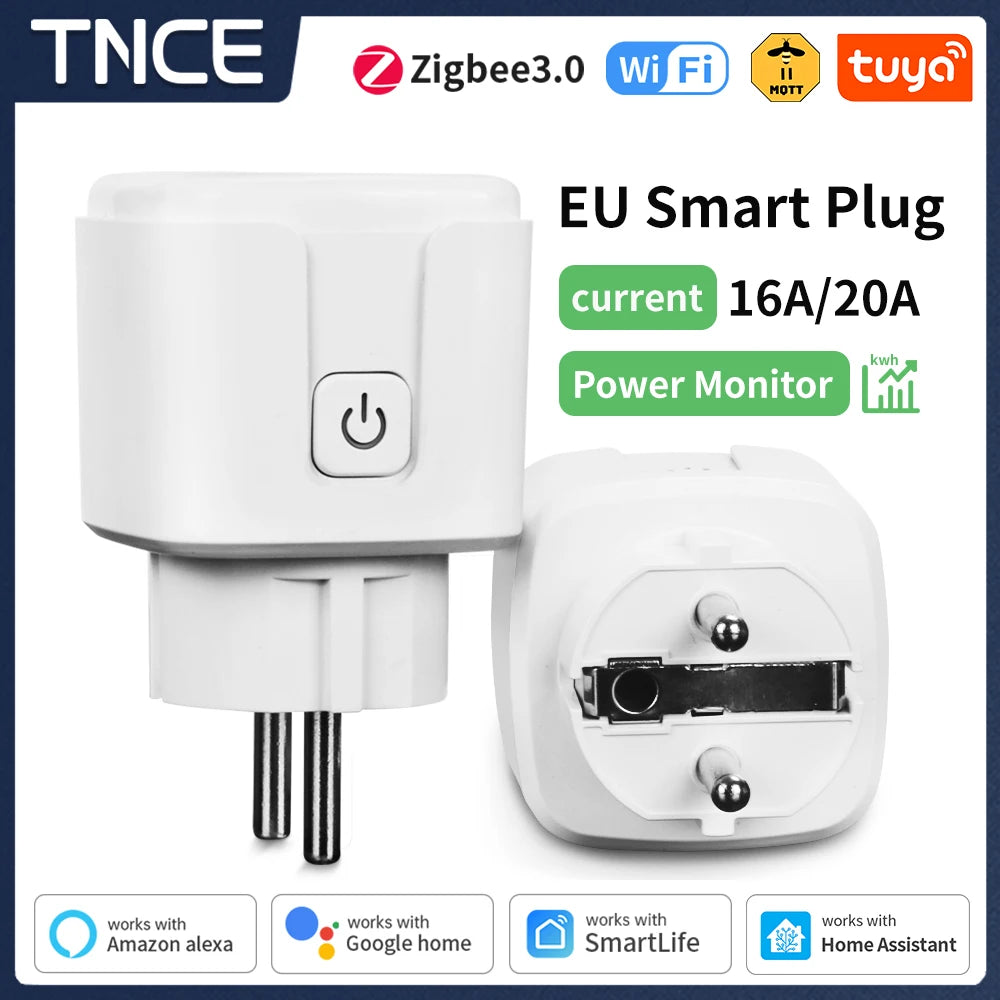 Tomada Inteligente TNCE Tuya WiFi / Zigbee 3.0 – Padrão EU 16A / 20A | Monitoramento de Energia, Temporizador, Controle por Voz | Compatível com Alexa